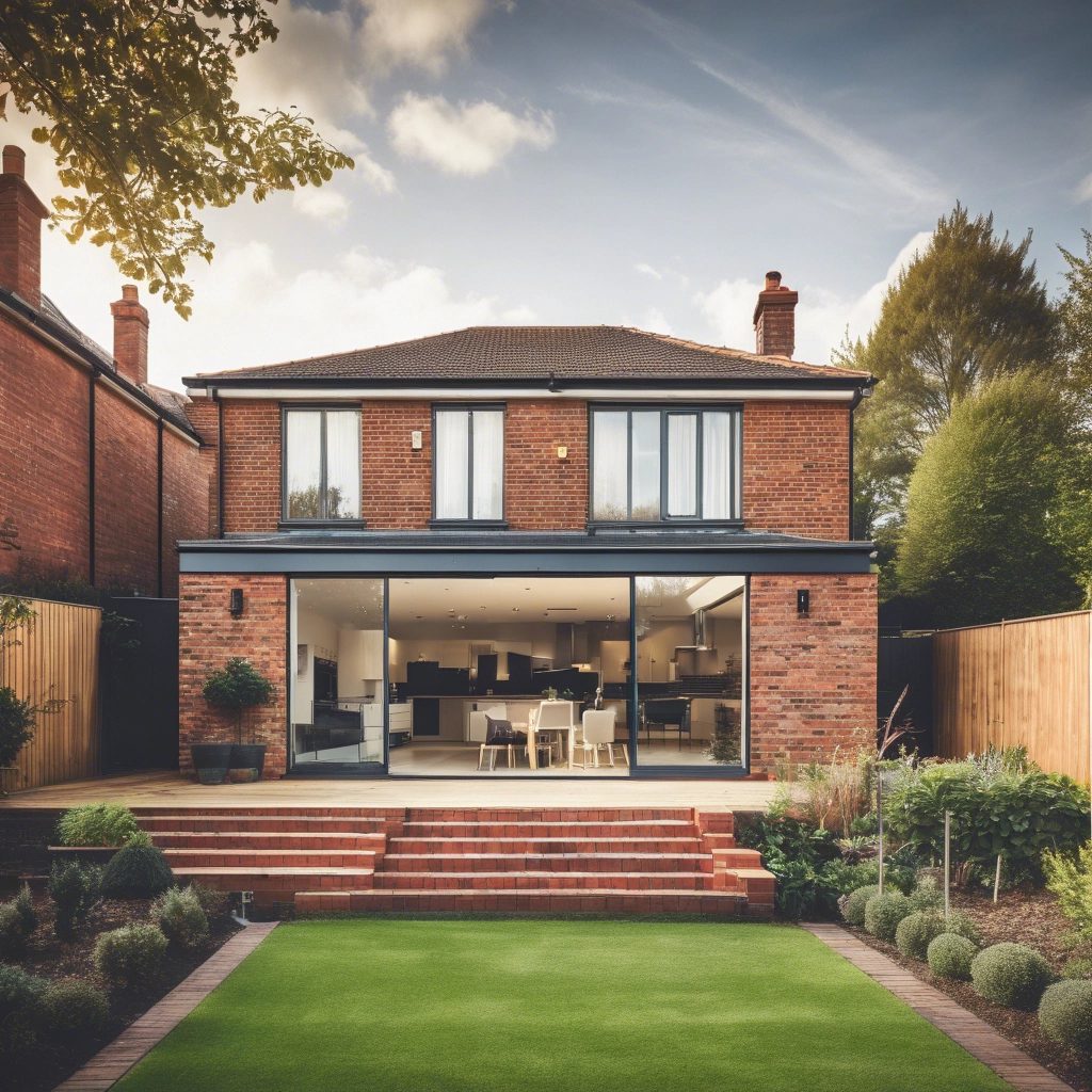 _a wide aspect of a brick built home extension with a garden setting in the background